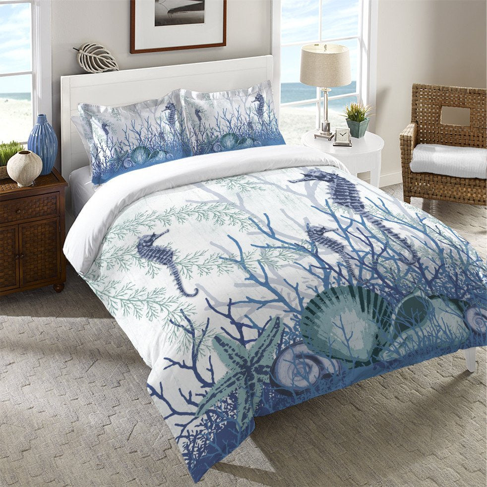 Aquatic Seahorses and Sea Shells Duvet Cover