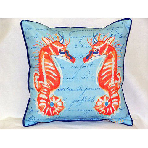 Betsy Drake Coral Sea Horses Blue Pillow- Indoor/Outdoor