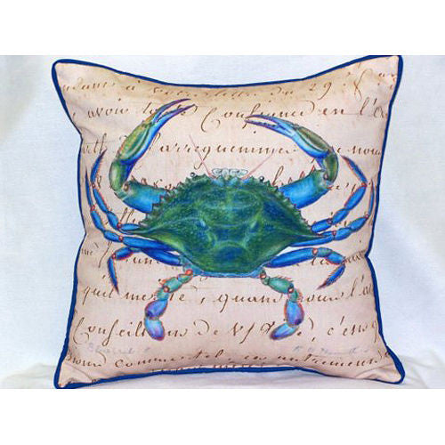 Betsy Drake Male Blue Crab Beige Pillow- Indoor/Outdoor