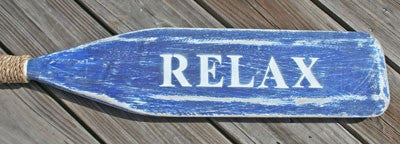 Wooden Distressed Paddle-White/Blue "Relax" in White - 5'5"