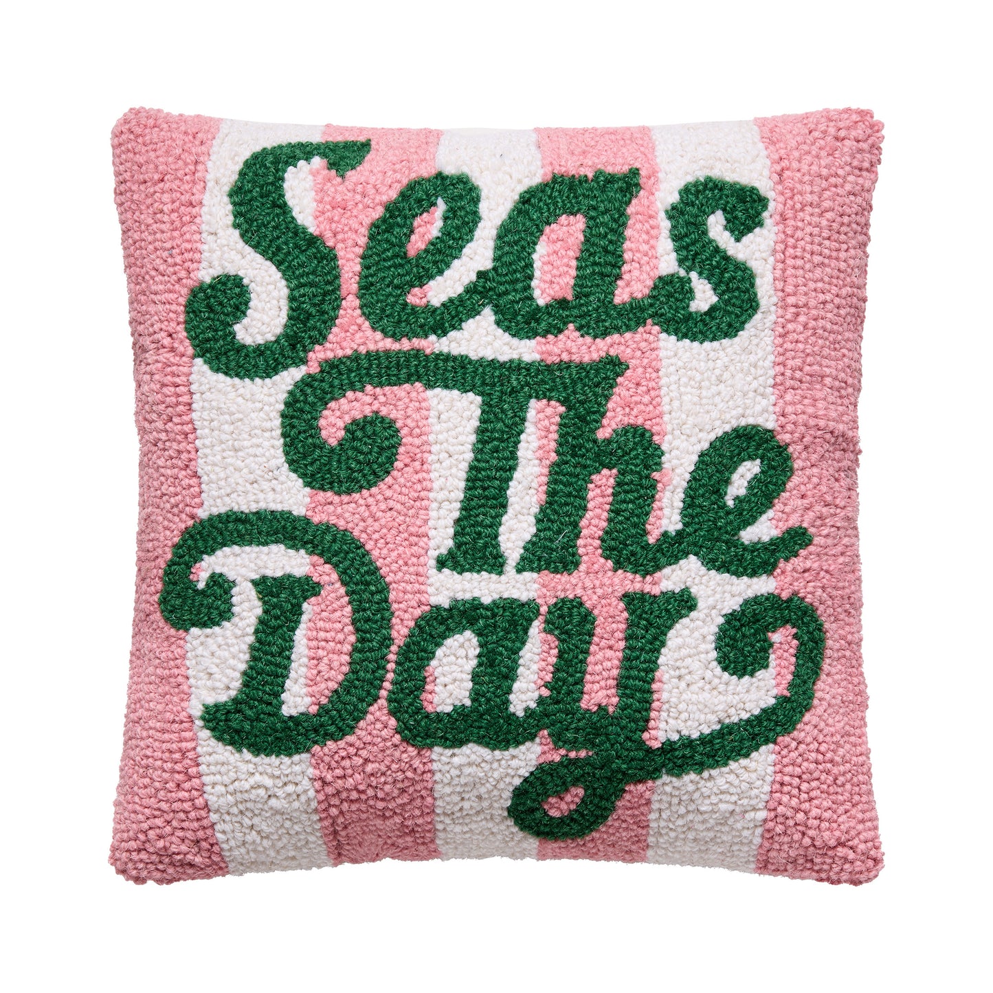“Seas The Day” Coastal Hooked Throw Pillow – Pink & Green Preppy Beach Accent Cushion