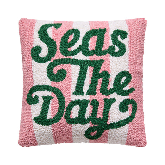 “Seas The Day” Coastal Hooked Throw Pillow – Pink & Green Preppy Beach Accent Cushion