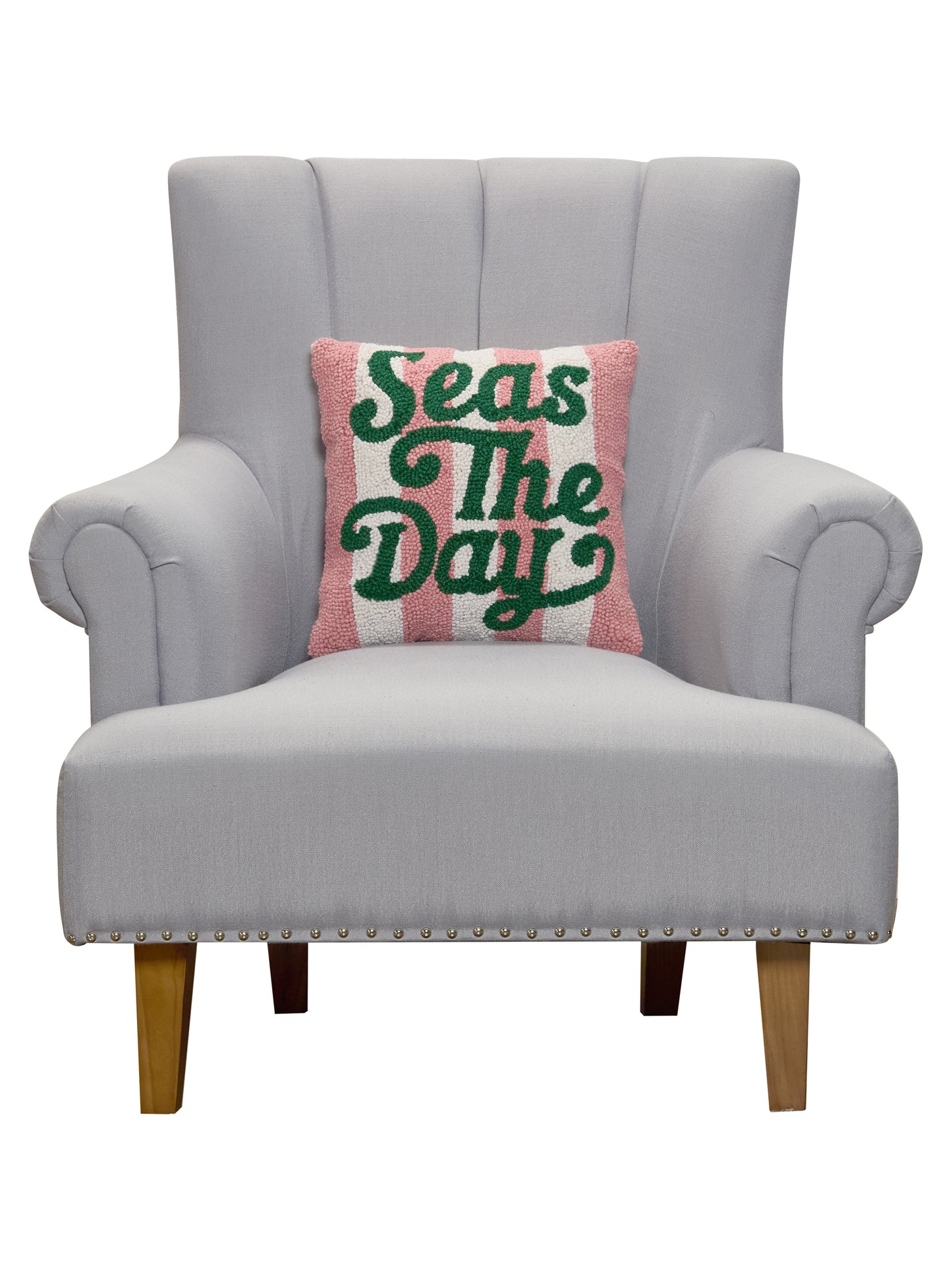 “Seas The Day” Coastal Hooked Throw Pillow – Pink & Green Preppy Beach Accent Cushion