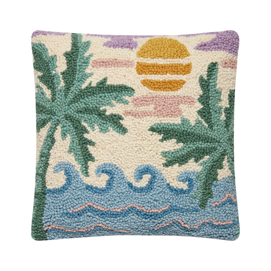 Retro Coastal Scene Hook Pillow - Beach House Ocean Accent Cushion