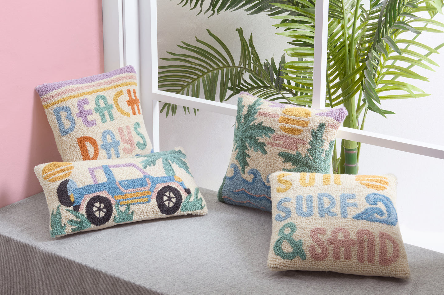 Retro Coastal Scene Hook Pillow - Beach House Ocean Accent Cushion