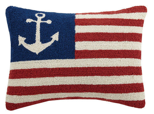 American Flag style hook pillow with nautical anchor in the top left corner instead of the fifty stars.