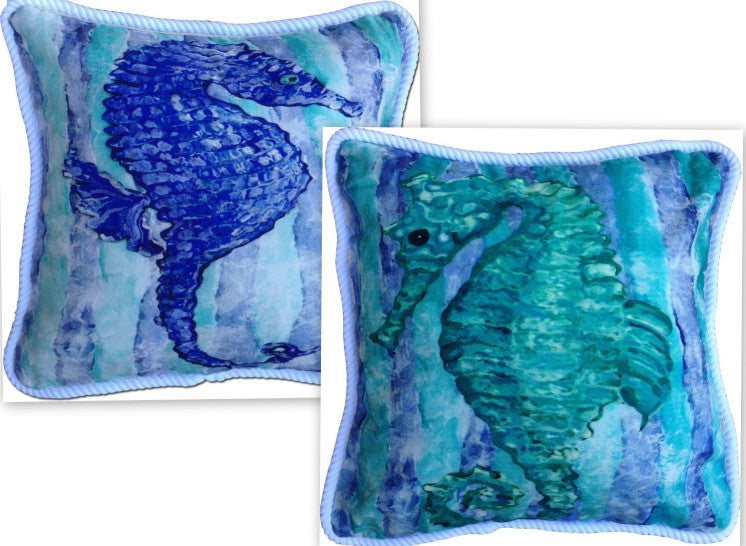 Blue and Green Seahorse Cotton Canvas Pillow Set- Indoor/Outdoor- Oversized