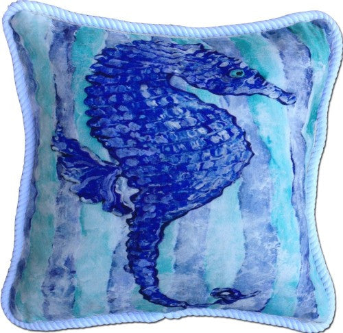 Blue Seahorse Cotton Canvas Pillow- Indoor/Outdoor- Oversized