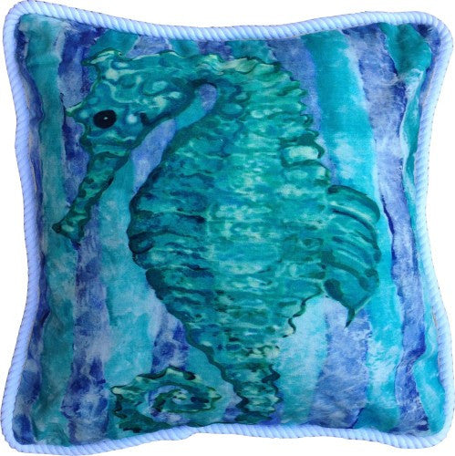 Green Seahorse Cotton Canvas Pillow- Indoor/Outdoor- Oversized