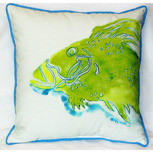 Betsy Drake Green Fish Pillow- Indoor/Outdoor