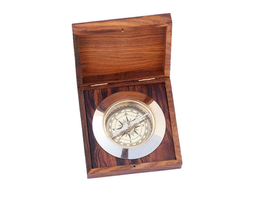Solid Brass Admiral's Desk Compass w/ Rosewood Box 5"