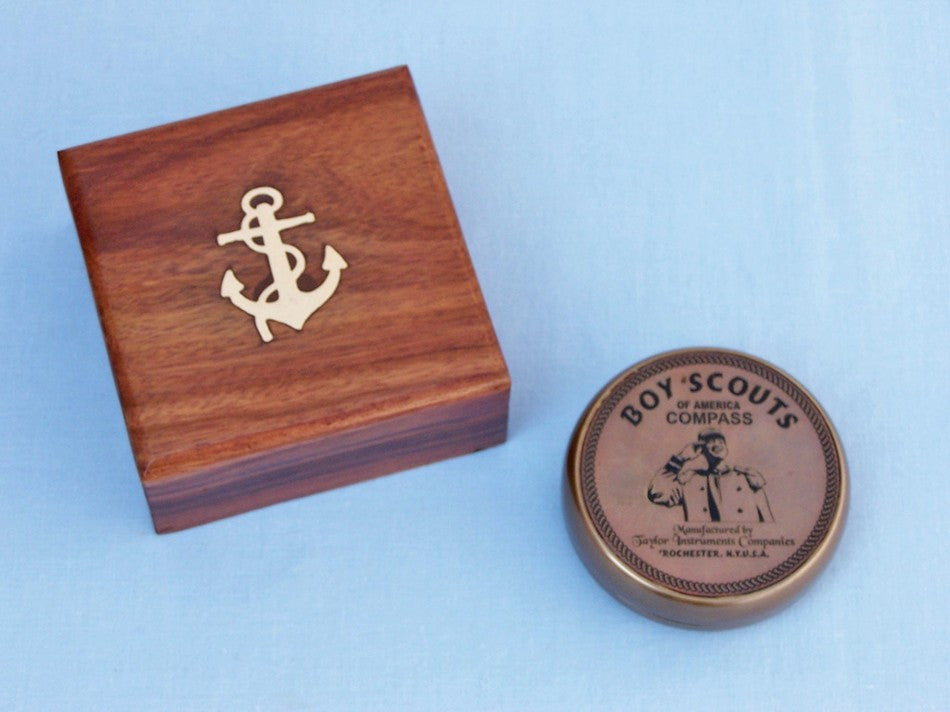 Antique Brass Boy Scout Compass w/ Rosewood Box 3"