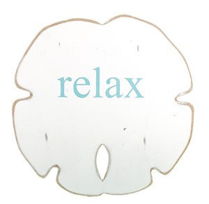 Sand Dollar - Medium - White with "RELAX" in Aqua Letters