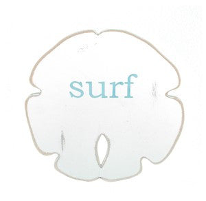 Sand Dollar - Small - White w "SURF" in Aqua Letters